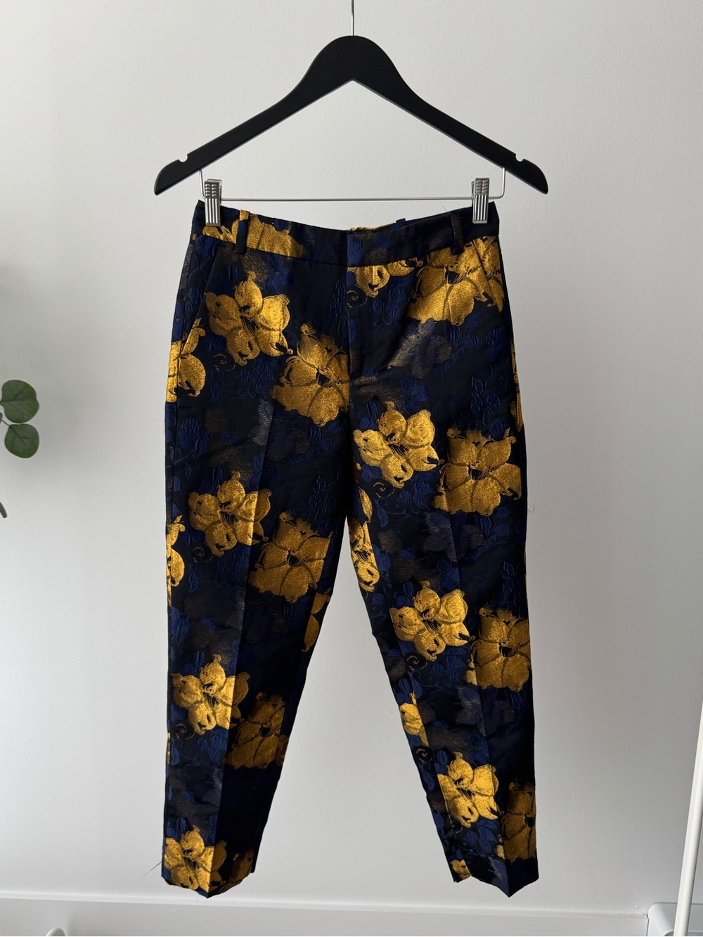 Zara Navy Blue and Gold Floral Brocade Pants
